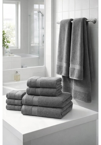 8 Parça %100 Pamuklu Aile Havlu Seti - 4 Adet 70x140 Cm & 4 Adet 50x90 Cm Deeper Antrasit-Antrasit