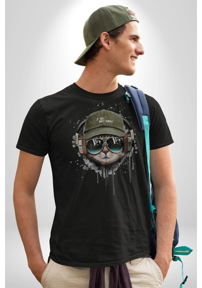 Havalı Pilot Şapkalı Müzik Dinleyen Kedi Unisex Unisex Siyah Organik Baskılı T-shirt Penye Yüksek Kalite Siyah