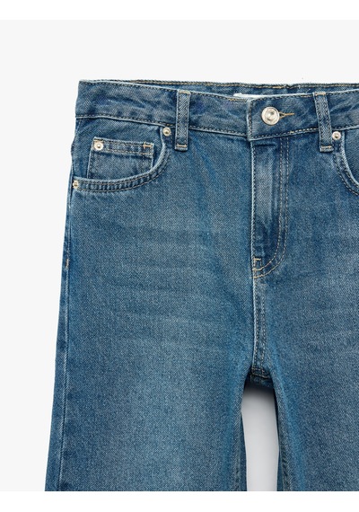 Koton Yıldız Detaylı Pamuklu Loose Fit Geniş Paça Denim Pantolon Orta İndigo 7wkg40033ad