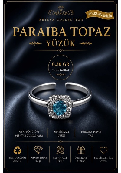 Sertifikalı Paraiba Topaz Taşı Kare Faset Kesim 1,50 Karat 925 Ay Çok Renkli