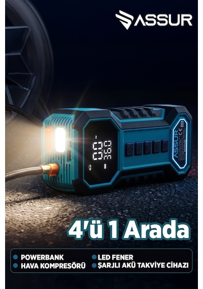 16.000 Mah Taşıma Çantalı Akü Takviye Cihazı Hava Kompresörü Powerbank Led Işık -3251