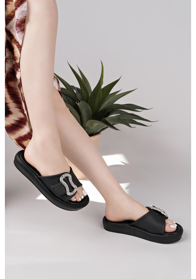 Nesilshoes Nesil Shoes Dvm 033 Siyah Masaj Tabanlı Tokalı Kadın Terlik