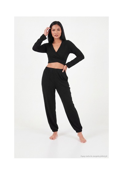 Lela V Yaka Kruvaze Bağlamalı Crop Üst Ve Jogger Alt Pijama Takımı Kadın Pijama Takımı 65780019 Siyah