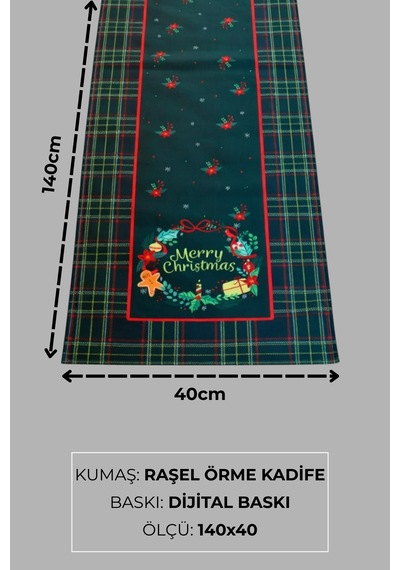 Masa Örtüsü Runner Yılbaşı Temalı Merry Christmas 140x40 Raşel Örme Kadife Dijital Baskı Çok Renkli