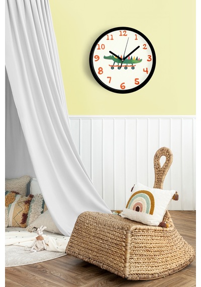 Kaykay Yapan Sevimli Timsah Çocuk Odası Modern Duvar Saati - 30cm - Önü Camlı Siyah Kasa-jh0209 Siyah