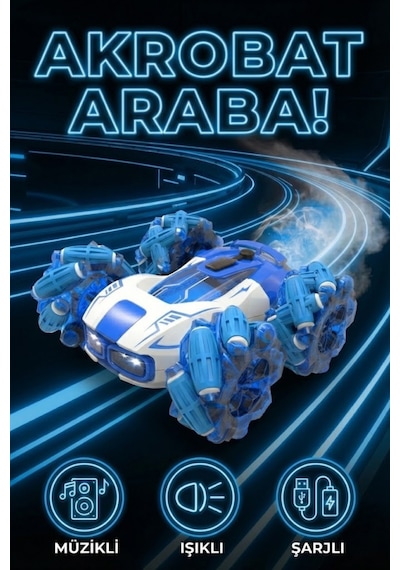 Uzaktan Kumandalı Şarjlı Buharlı Akrobat Araba 360 Derece Dönen Işıklı Müzikli 4x4 Drift Mavi