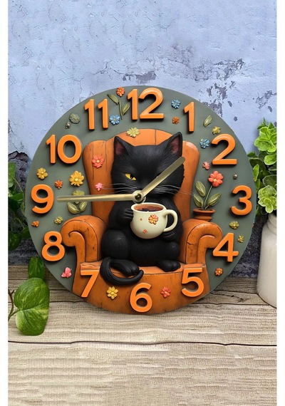 Siyah Kedi Temalı Mdf Duvar Saati 3d Görünümlü, 2d Hd Baskı, Sessiz Mekanizma Sdw237 Renkli