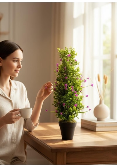 Yapay Çiçek Siyah Saksıda Mor Lotuslu Yeşil Şimşir Ağacı 70 30cm Mor
