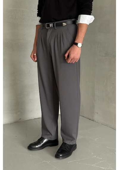 Erkek Pileli Baggy Kalıp Kumaş Pantolon Füme