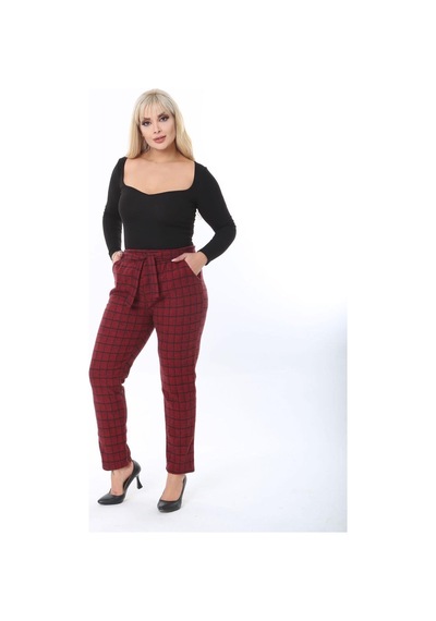 Sea Queen Kadın Büyük Beden Yüksek Bel Kuşaklı Desenli Kaşkorse Pantolon Kırmızı Kareli - 691783498 Kırmızı Kareli