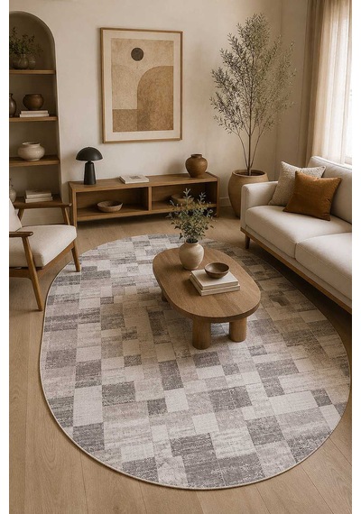 Etnik Craft Madre Modern Desenli Oval Halı Md05 Bej Kahve