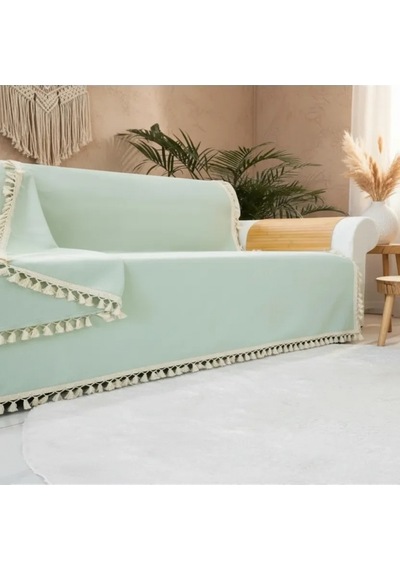 Premium Keten Adaçayı Ponponlu Koltuk Örtüsü 170 X 220
