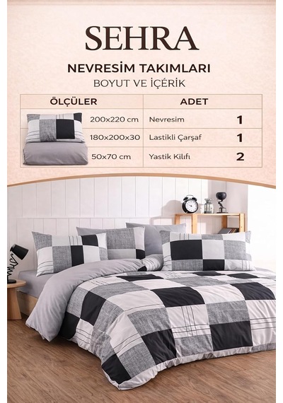 Lexroo Lüks%80 Pamuklu Çift Kişilik Nevresim Takımı Seti Yorgan Kılıfı Siyah Gri Beyaz Kareli Desen