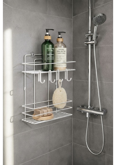 Sas Haus Lüks Beyaz Metal 2 Katlı Banyo Rafı Şampuanlık Ve Duş Rafı Askılı Yapışkanlı Duvara Monte Tş-02 beyaz