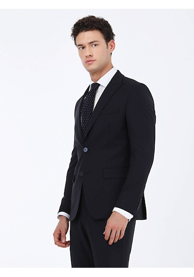 Lacivert Düz Modern Fit Yün Karışımlı Takım Elbise 6 Drop Lacivert