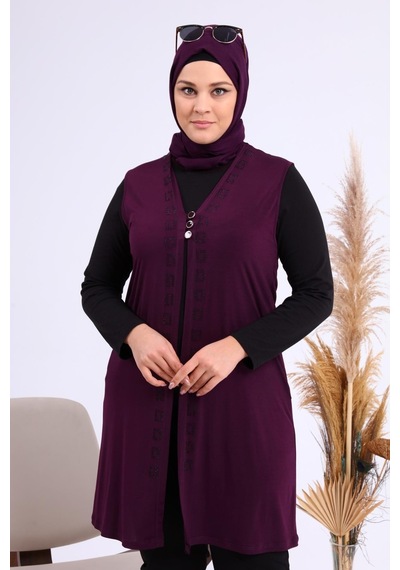 Ferace Tesettür Kadın Buyuk Beden Üç Düğmeli Likralı Yelek 001
