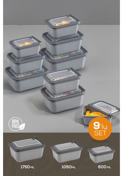 Vienev 9'lu Vip Dikdörtgen Mikrodalga Ve Difrize Uygun Saklama Kabı Seti Gri 3x 1750,1050,600 Ml Gri