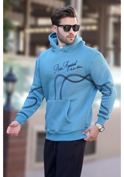 Madmext Mavi Baskılı Kapşonlu Cep Detaylı Erkek Sweatshirt 7067 Mavi