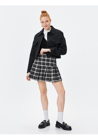 Koton Tüvit Pileli Mini Etek Slim Fit Siyah Ekose 4wal70034ıw Siyah Ekoseli Siyah