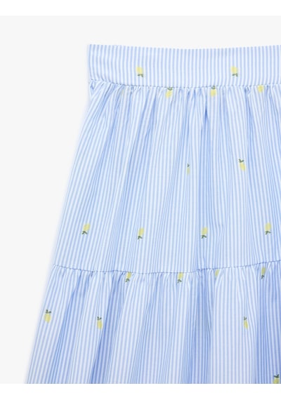 Koton Koton X Sibil Çetinkaya - Kat Kat Kloş Kesim Limon İşleme Detaylı Uzun Çizgili Poplin Etek Mavi Çizgili 6sak70238pw
