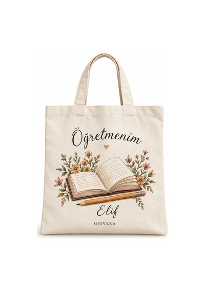 Gıovera Kişiye Özel İsimli Öğretmenim Kitap Çiçek Baskılı Kanvas Bez Omuz Çantası Bej