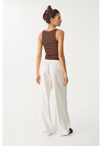 Trendy Mall Sofya Keten Bol Kesim Pantolon Beyaz Beyaz