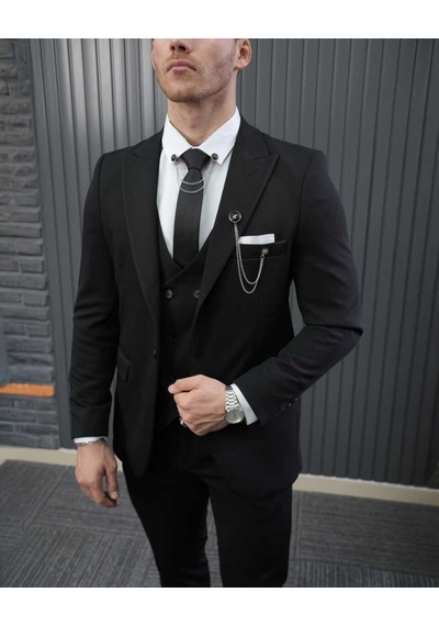 Beystil Sivri Yaka Siyah Takım Elbise Petek04 - Slim Fit Siyah