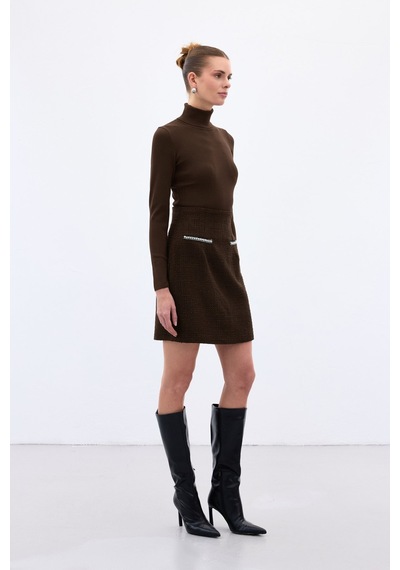 Sateen Aksesuar Detaylı Tüvit Etek - Kahve-136343 Kahve