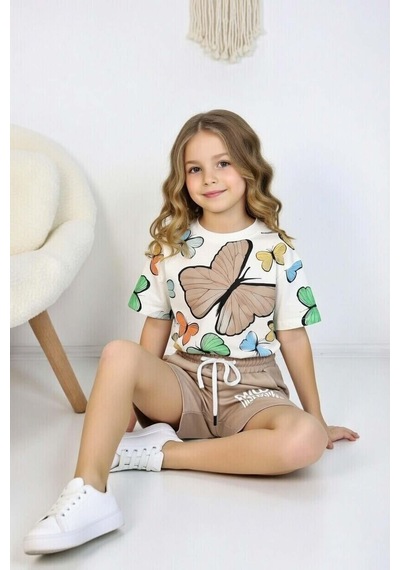 Riccotarz Kız Çocuk Üzeri Renkli Kelebek Baskılı Penye T-shirt Yazı Baskılı Bej Şortlu Takım Bej