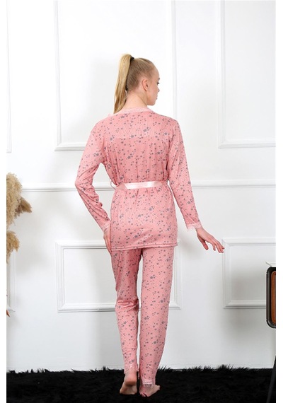 İbrahim Burak Etiler Collection Moda Çizgi Kadın 3'lü Gül Kurusu Sabahlık Pijama Takım 16103