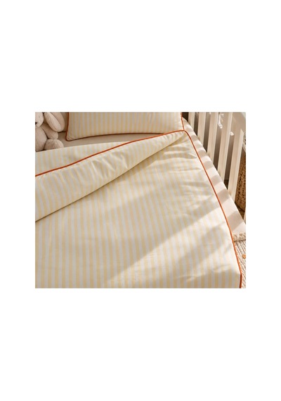 H&c Bebek Nevresim Takımı Keten Dokulu 4 Parça Biyeli Çizgili Beşik 100x150 CM Nevresim Seti Çarşaf Sarı Krem Çizgili - Turuncu Biyeli