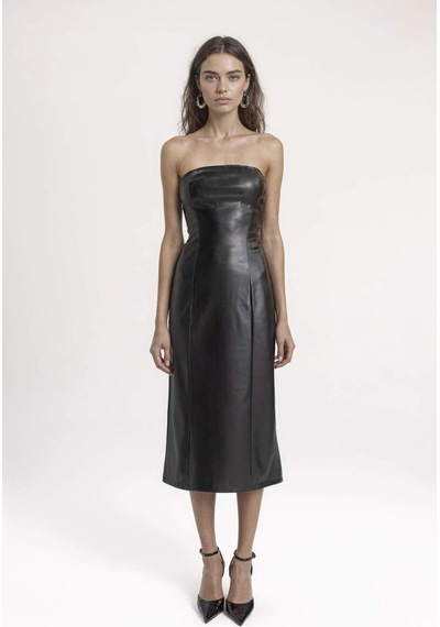 DeFacto Bodycon Vücudu Saran Straplez Basic Düz Yırtmaçlı Suni Deri Midi Elbise C2284AX24SPBK27