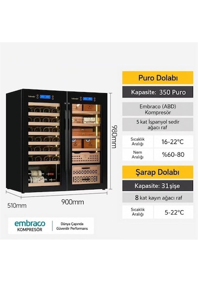Lubinski Siyah Çift Kabin Elektronik Puro Dolabı - Şarap Dolabı Cw900 Lb-044