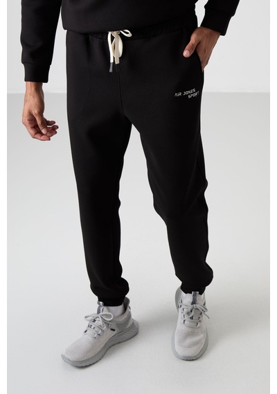 Tommy Life Ekru - Siyah Pamuklu Kalın Yumuşak Dokulu Comfort Fit Nakışlı Erkek Eşofman Takım - 85254 Siyah