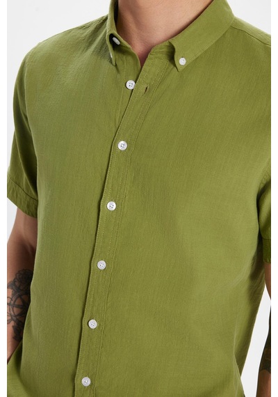 Tudors Erkek Slim Fit Dar Kesim Kısa Kollu %100 Pamuk Keten Doku Haki Düğmeli Yaka Gömlek-32811 Haki