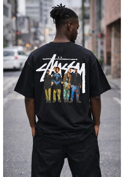 Unisex Stussy Man Sırt Baskılı Oversize Kalın Kumaş Bol Kalıp Unisex T-shirt Siyah