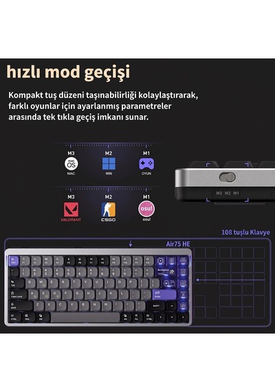 Nuphy Air75 He Hall Effect Magnetic Switch Manyetik Oyuncu Klavyesi Silver-magnetic Jade Pro