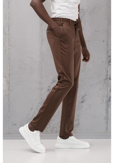 Beli Lastikli Ve İplikli Rayon Kumaş Regular Fit Likralı Jogger Pantolon Kahverengi