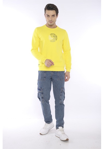 Escetic Erkek Spor Slimfit, Bisiklet Yaka Sarı Sweatshirt-4267