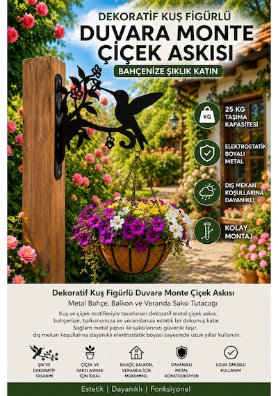 Dekoratif Sinek Kuşu Figürlü Metal Duvara Monte Çiçek Askısı Lazer Kesim Saksı Askılığı Bahçe, Balkon Ve Veranda Dekoru Siyah