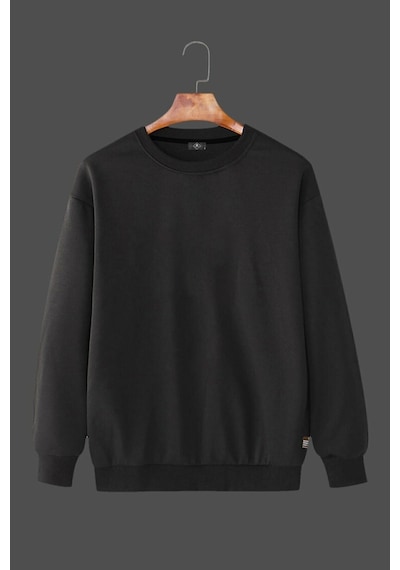 Blackjack Giyim Unisex Siyah Bisiklet Yaka Basic Düz Sweatshirt Siyah