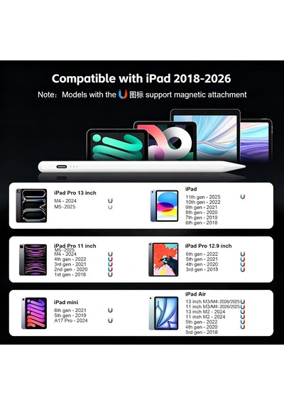 13mins Hızlı Şarj, Eğim Hassasiyeti İle Apple Uyumlu iPad 2026-2018 İçin Stylus Kalem Belirtilmemiş