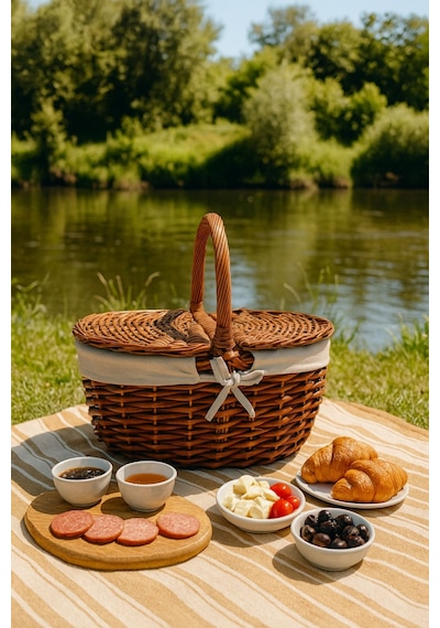 Krem Kumaş Detaylı Hasır Piknik Sepeti 40x30x19 Cm Kapaklı Termoform Sepet Brown