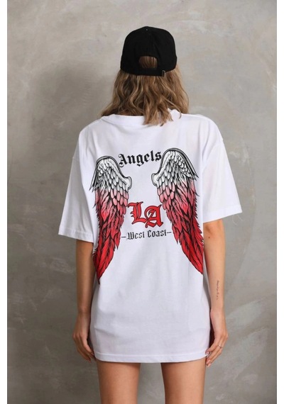 Freedom Storee Kadın Baskılı Tişört Kısa Kol Bisiklet Yaka Oversize T-shirt - Beyaz Çok Renkli