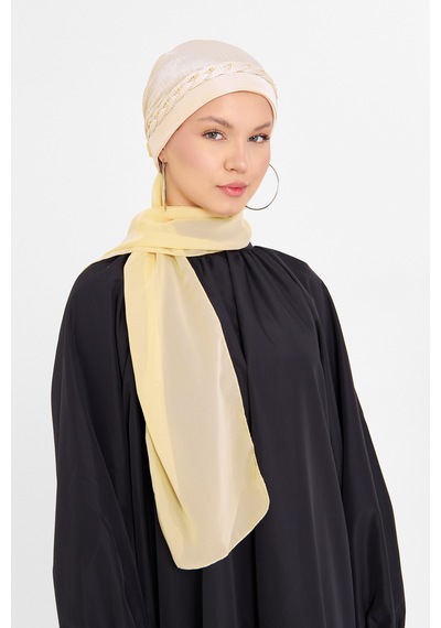 Hürrem Bone Bej Pratik Hazır Geçmeli Tesettür Bone Fukuro Piliseli Örgülü Şif Bej