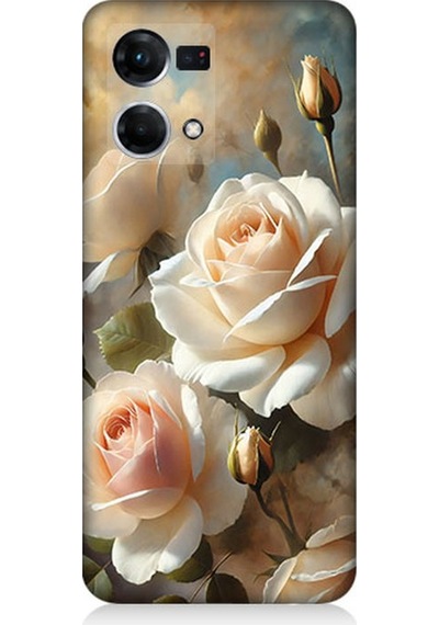 Oppo Reno 7 Uyumlu Krem Beyaz Güllerin Sessizliği Desenli Silikon Kılıf Çok Renkli