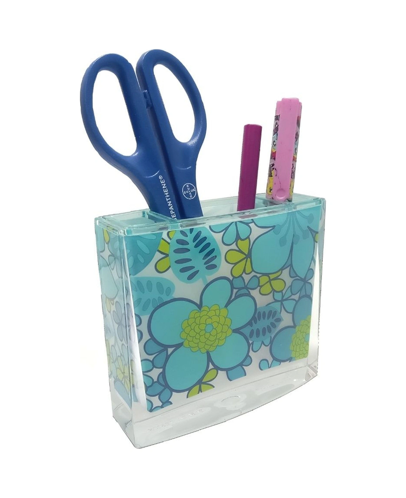 2 Adet Kalemlik Mavi Çiçekli Akrilik Ofis Gereci 10x10x3cm Çok Renkli