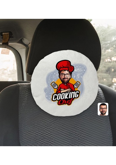 Bk Gift Kişiye Özel Erkek Chef Karikatürlü Yuvarlak Araç Koltuk Yastığı-11 Beyaz