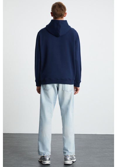 Grimelange GILMAR Erkek Şardonlu 3 İplik Kapüşonlu Kanguru Cepli Lacivert Sweatshirt