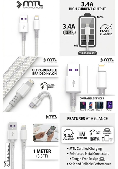 3.4a Usb To Lightning Ultra Hızlı Şarj Ve Data Kablosu 1 Metre Mt2454